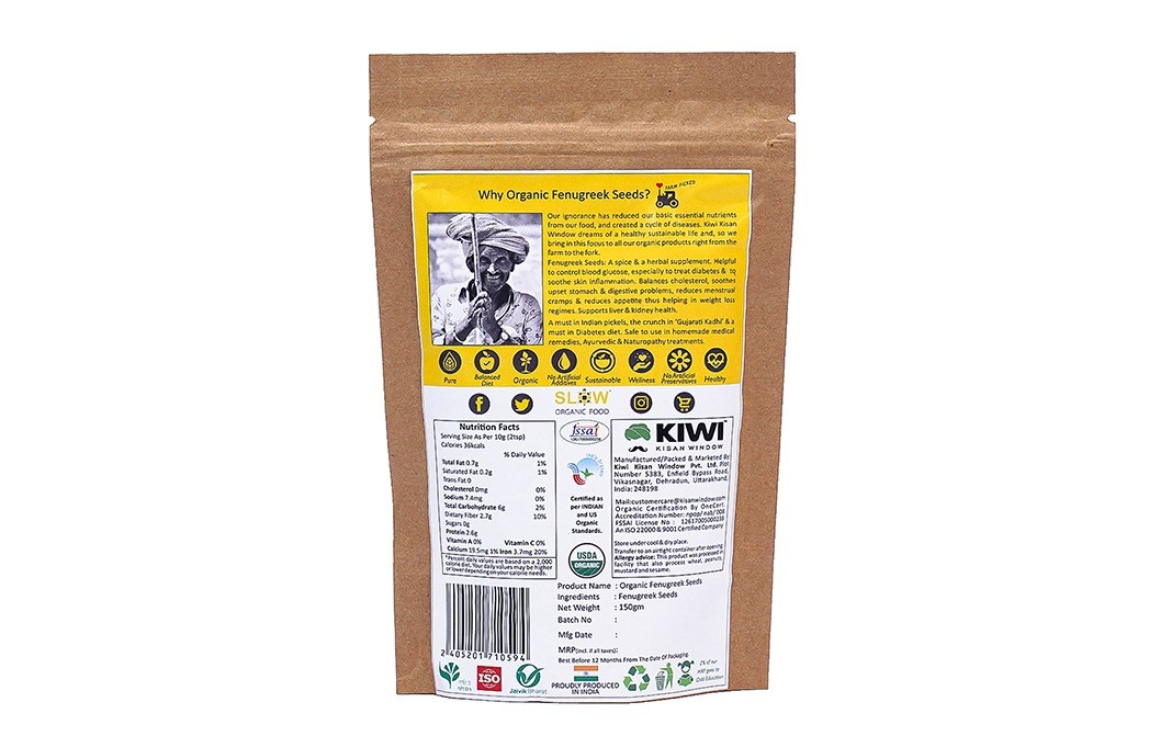 Kiwi Kisan Window Organic Fenugreek Seeds    Pack  150 grams